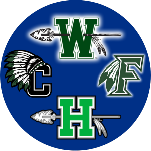  4 school logos on blue background